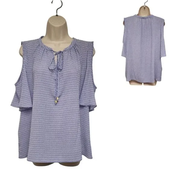 Michael Kors Cold Shoulder Short Sleeve Front Tie Blue/White Floral Sheer Top XL - Picture 1 of 7